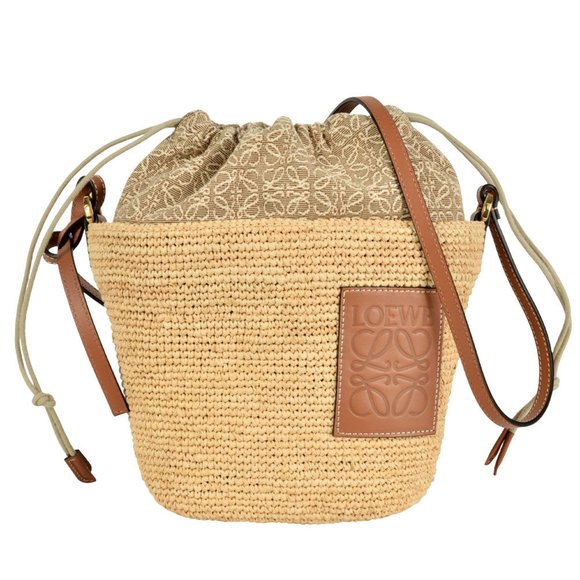 LOEWE Anagram Pochette Bag Shoulder Raffia Calfskin A689C70X08 Natural Basket - Picture 1 of 7